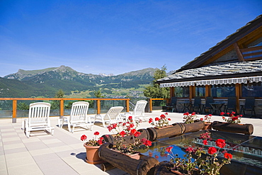 Mountain view from the terrace of Dalai Lama Village, Camping Club, Chatillon, Cervino Valley, Aosta Valley, Valle d'Aosta, Alps, Italy, Europe