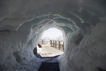 The ice tunnel leaving the Aiguille du Midi to descend into the Valley blanche, Chamonix, Mont Blanc Massif, Alps, France, Europe