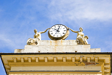 Clock on the top of the Hotel de Ville, town hall, Piazza Emile Chanoux, Aosta, Aosta Valley, Valle d'Aosta, Italy, Europe