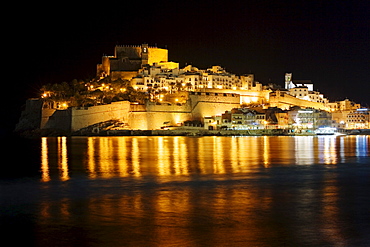 Peniscola at night, Costa Azahar, Spain, Europe