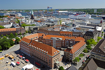 View over the city of Kiel towards the inner fjord with a cruise ship and a Stena Line ferry, Schleswig-Holstein, Germany, Europe