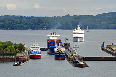 Shipping traffic at the Schleuse Holtenau lock, container ships and cruise ship, Kiel, Schleswig-Holstein, Germany, Europe