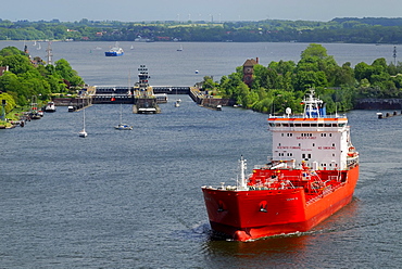 LPG tanker leaving the Holtenau lock, Kiel Canal, Schleswig-Holstein, Germany, Europe