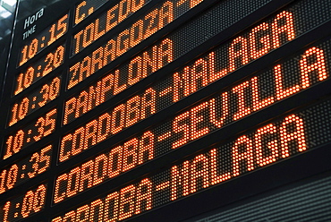 Departure times of Renfe trains in Atocha Station, Madrid, Spain, Europe