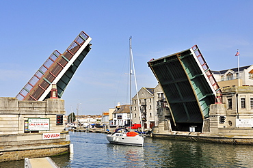 Flap bridge in the port of Weymouth, Dorset, England, UK, Europe