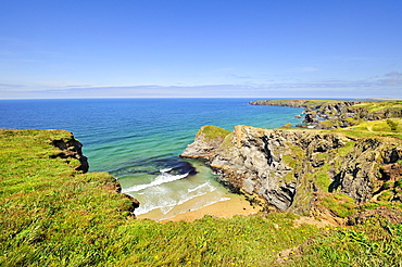 Coastal landscape with bay in Newquay on the north coast of Cornwall, England, United Kingdom, Europe