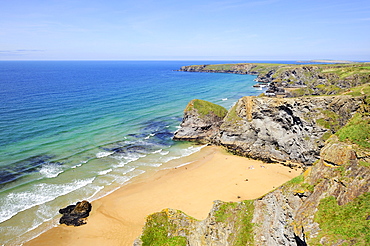 Coastal landscape with bay in Newquay on the north coast of Cornwall, England, United Kingdom, Europe