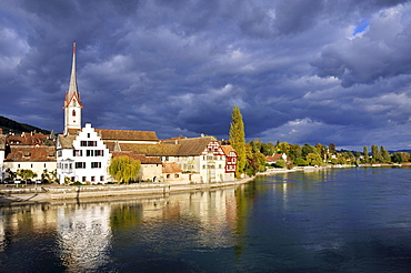 Rhine promenade and the monastery of St. Georgen in the historic old town of Stein am Rhein, Canton Schaffhausen, Switzerland, Europe