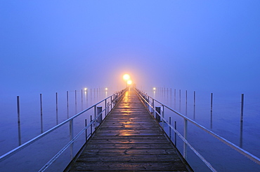 Jetty in Iznang in the morning mist, Landkreis Konstanz county, Baden-Wuerttemberg, Germany, Europe