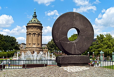 DAS RAD, The Wheel, 1960, by Morice Lipsi, water tower at back, landmark of the city, 1889, 60 m high, diameter of 19 m, used as water reservoir until 2000, Mannheim, Baden-Wuerttemberg, Germany, Europe