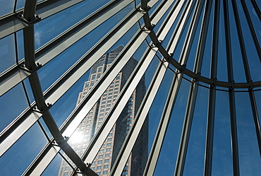 The Messeturm, Fair Tower, 257 meters, seen through the entrance to the subway, Westend, Frankfurt am Main, Hesse, Germany, Europe