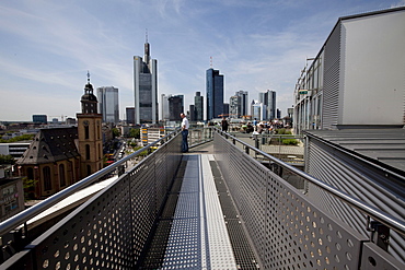 View of the financial district, Commerzbank, European Central Bank, Deutsche Bank, Hessische Landesbank and St. Catherine's Church, Frankfurt am Main, Hesse, Germany, Europe