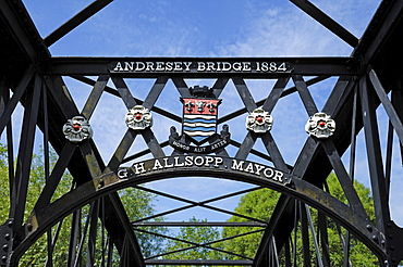 Detail of Andresey Bridge, an iron bridge over the River Trent built in 1884, in the park of Burton upon Trent, Staffordshire, England, Europe