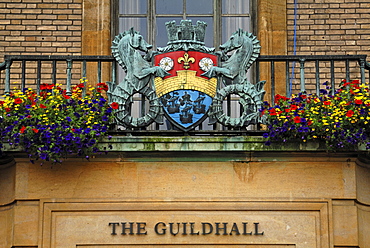 Coat of arms on the balcony of the Town Hall, Market Hill, Cambridge, Cambridgeshire, England, United Kingdom, Europe