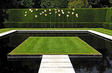 Modern art by Simon Allison, gold-plated bronze leaves on steel rods in a modern pond in Kiftsgate Court Gardens, Mickleton, Chipping Campden, Gloucestershire, England, United Kingdom, Europe