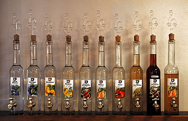 Various fruit brandies in a tasting room, Durbach, Baden-Wuerttemberg, Germany, Europe