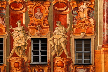 Detail of fresco paintings, 1755, by Johann Anwander on the old town hall, 1467, Obere Bruecke 1, Bamberg, Upper Franconia, Bavaria, Germany, Europe