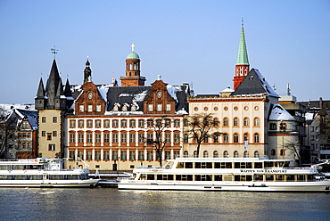 Historical Museum in the Saalhof building at the Mainkai quay, in the back the tower of the Paulskirche church, Frankfurt am Main, Hesse, Germany, Europe