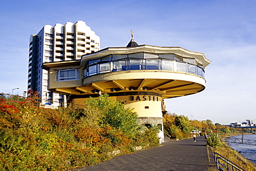 Bastei, a restaurant on the Rhine River, promenade between the river and the Konrad-Adenauer-Ufer riverside, Cologne, North Rhine-Westphalia, Germany, Europe