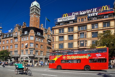 Sightseeing bus at Copenhagen city hall square, Copenhagen, Denmark, Europe