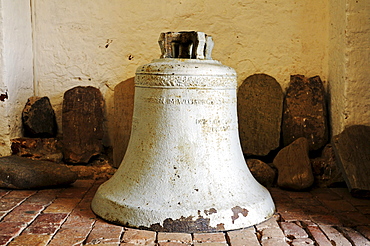 Bell in the church of St. Paul, oldest stone church on Ruegen, Bobbin village, Jasmund peninsula, Ruegen Island, Mecklenburg-Western Pomerania, Germany, Europe