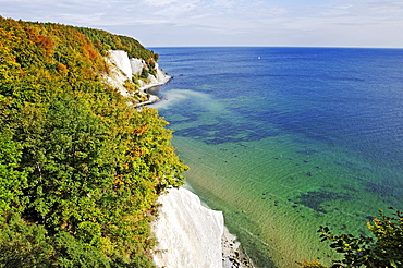 Wissower Klinken chalk formations, view from the Hochuferweg path on the chalk cliffs in the Jasmund National park, Jasmund peninsula, Ruegen Island, Mecklenburg-Western Pomerania, Germany, Europe