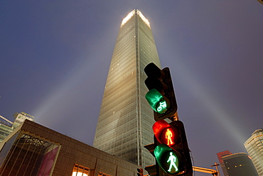 High-rise, skyscraper at the traffic light at an intersection in modern Beijing, Guomao District, Beijing, China, Asia