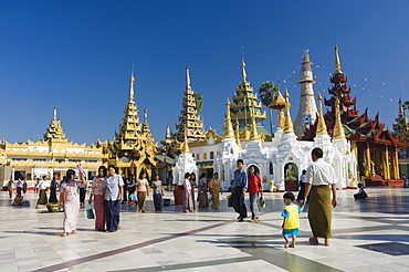 Golden Chedis, Shwedagon pagoda, temple, Rangoon, Yangon, Burma, Myanmar, Asia