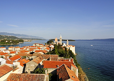 Oldest quarter of Rab Town, with Belfry of St Justine's Church, Great Bell Tower of St Mary's Cathedral, and Campanile of St Andrew's Monastery as seen from Campanile of Church of St John the Evangelist, Kaldanac, Croatia, Europe