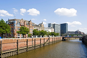 Commercial buildings along a canal in Hamburg, Germany, Europe