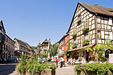 Half-timbered houses in the historic town centre of Kaysersberg, Alsace, France, Europe