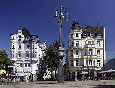 Wilhelminian buildings in the Hoerde district center with clock"Schlanke Mathilde", "Thin Matilda", Dortmund, North Rhine-Westphalia, Germany, Europe