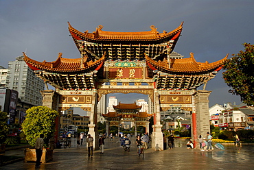 Two Chinese gates, pedestrian zone in the city center, Jinmabiji square, Kunming, Yunnan Province, People's Republic of China, Asia