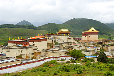 Tibetan Buddhist, monastery with walls, temples, golden roofs, undulating landscape, Monastery Ganden Sumtseling Gompa, Zhongdian, Shangri-La, Yunnan Province, People's Republic of China, Asia