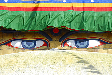 UNESCO World Heritage Site, Tibetan Buddhism, architecture, Bodhnath Stupa, Boudhanath, Boudha, two eyes looking down, pair of eyes, Kathmandu, Nepal, Himalaya, Asia