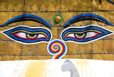 UNESCO World Heritage Site, Tibetan Buddhism, Swayambhunath Stupa, two eyes looking down, pair of eyes, Kathmandu, Nepal, Himalaya, Asia