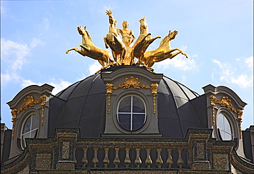 Golden Quadriga being driven by a torchbearing Apollo, detail of the Sun Temple in the Hermitage Palace in Bayreuth, Upper Franconia, Bavaria, Germany, Europe