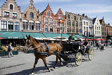 Guild houses on the market square, carriage, historic town of Bruges, Flanders, Belgium, Europe