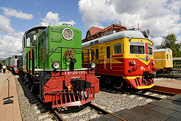 Diesel locomotive TE1-20 and electric train ER-38, exhibits of the Moscow Railway Museum, Moscow, Russia