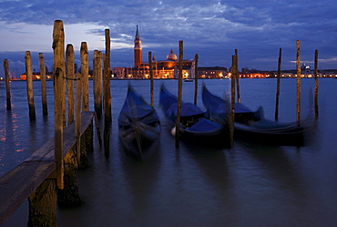 Gondolas at dawn, St. Mark's Square, Venice, Italy, Europe