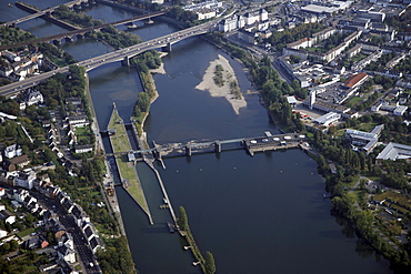 Aerial view, Mosel river barrage and Mosel lock, Koblenz, Rhineland-Palatinate, Germany, Europe