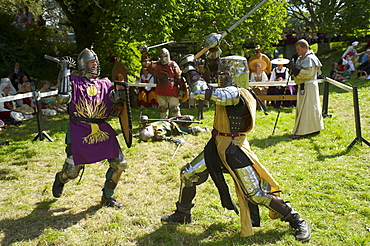 Knights fighting with swords, Medieval Week in Visby, Gotland Island, Sweden, Scandinavia, Europe