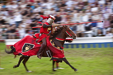 Knight jousting with a lance on horseback, Medieval Week in Visby, Gotland Island, Sweden, Scandinavia, Europe