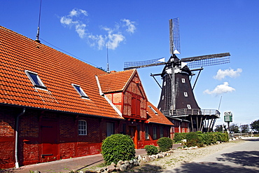 Old windmill, Muehlenmuseum mill museum in Lemkenhafen, Fehmarn island, Ostholstein district, Schleswig-Holstein, Germany