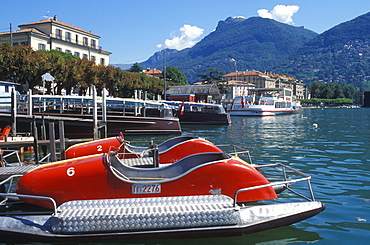 Pedal boats on the bank in Lugano, Lake Lugano, Ticino, Switzerland, Europe