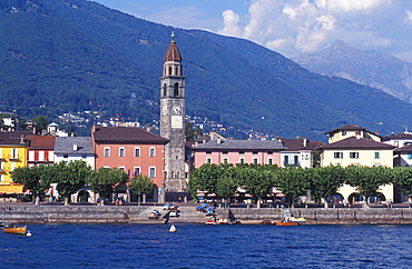 Panoramic view of the waterfront of Ascona, Lake Maggiore, Ticino, Switzerland, Europe