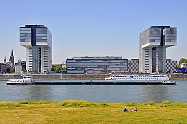 Kranhaus Sued and Kranhaus 1 buildings at the Rheinauhafen harbour, Cologne, North Rhine-Westphalia, Germany, Europe