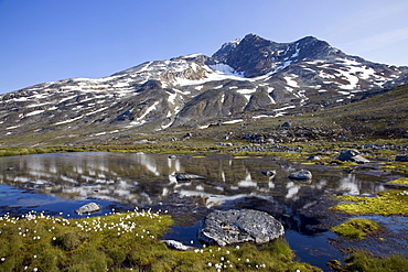 Mountain lake with reflection, Sermiligaq Fjord, Ammassalik District, East Greenland, Greenland, Denmark