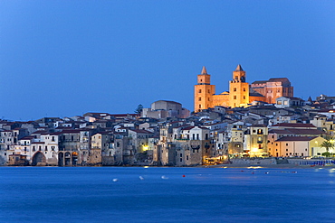 Old town, sea, blue hour, twilight, Cefalo, Palermo province, Sicily, Italy, Europe