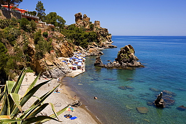 View from Kalura Sporthotel into Kalura Bay near Cefalu, Province of Palermo, Sicily, Italy, Europe